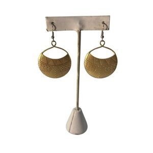 Vintage Gold Tone Etched Geometric Chevron Round Pierced‎ Dangle Earrings